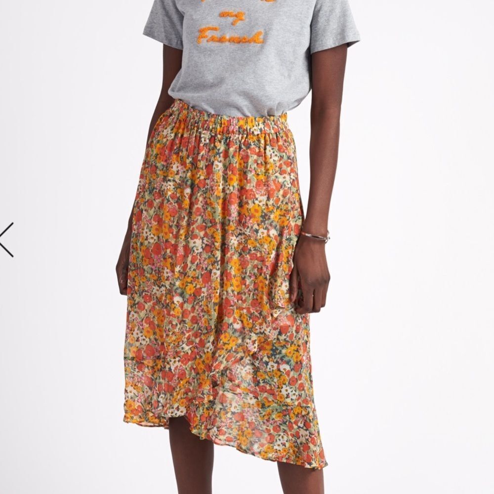 Second female bloom skirt Floral Ruffle Hem Midi Skirt - Red & Yellow XS